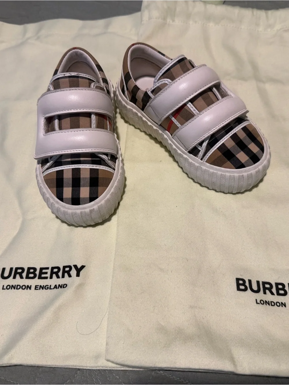 Burberry Beige Nova Check Kids Sneakers with White Straps